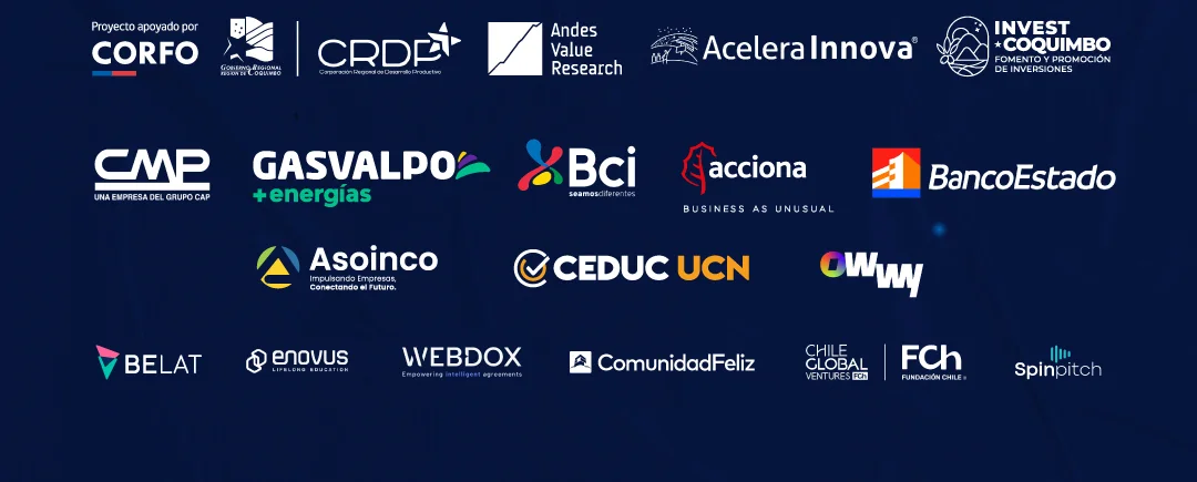 Organizadores del Festival 4ta DEI 2026: CORFO, CRDP, Andes Value Research, Acelera Innova, Invest Coquimbo, CMP, Gasvalpo, Bci, Acciona, BancoEstado, Asoinco, CEDUC UCN, OWWY, BELAT, enovus, Webdox, Comunidad Feliz, Chile Global Ventures, FCh, Spinpitch
